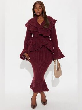 Burgundy Ribbed Knit Peplum Midi Skirt Set